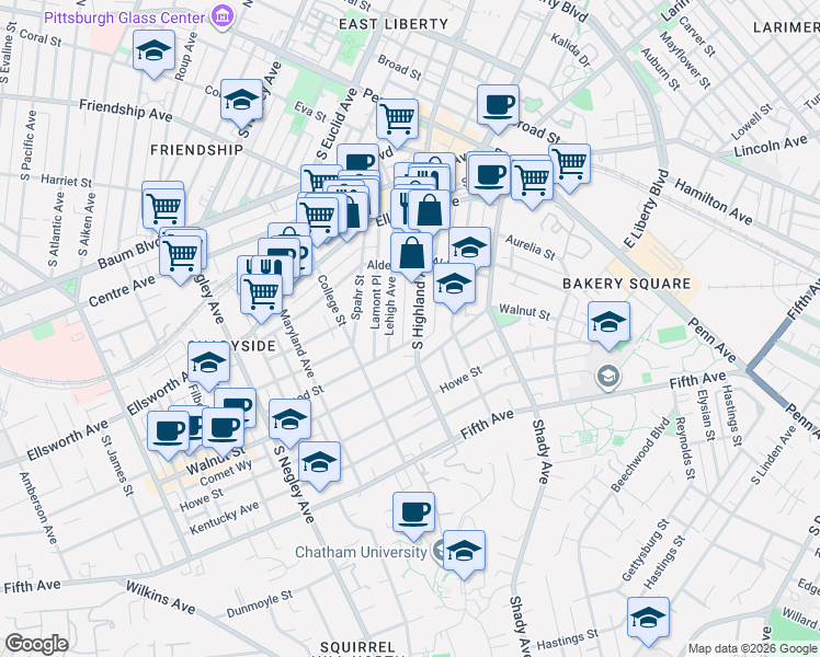 map of restaurants, bars, coffee shops, grocery stores, and more near 375 Lehigh Avenue in Pittsburgh