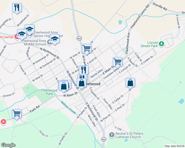 map of restaurants, bars, coffee shops, grocery stores, and more near 29 East Main Street in Fleetwood