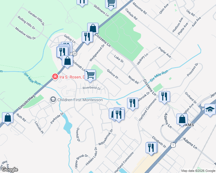 map of restaurants, bars, coffee shops, grocery stores, and more near 1149 Schmidt Lane in North Brunswick Township