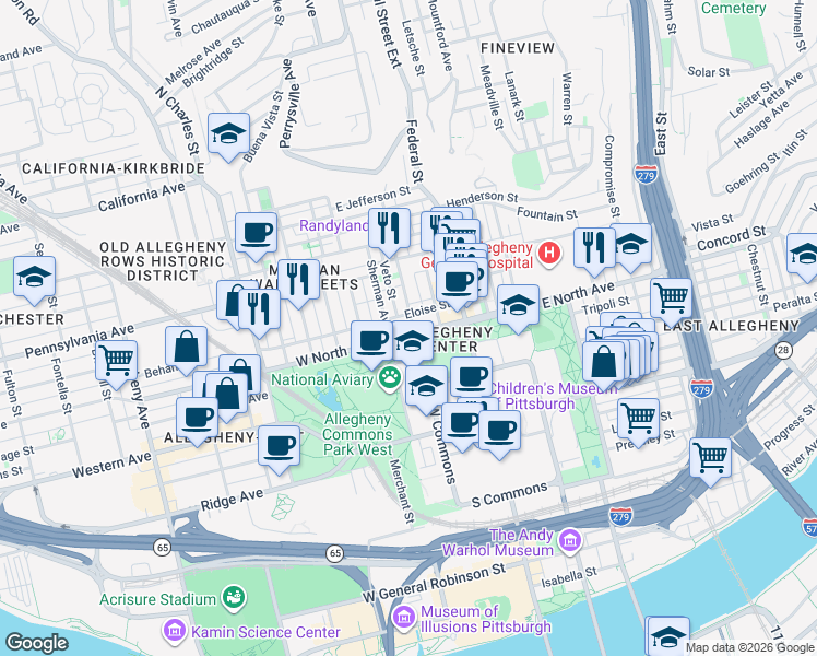 map of restaurants, bars, coffee shops, grocery stores, and more near 200 West North Avenue in Pittsburgh