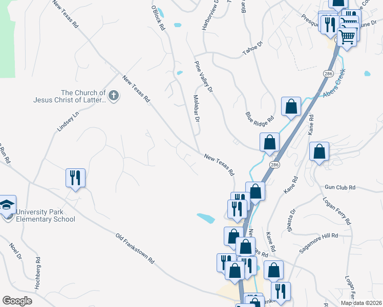 map of restaurants, bars, coffee shops, grocery stores, and more near 2125 New Texas Road in Pittsburgh