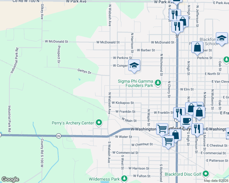 map of restaurants, bars, coffee shops, grocery stores, and more near 1014 West Grant Street in Hartford City
