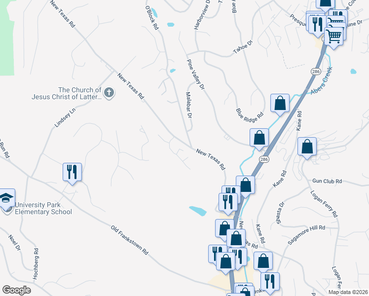 map of restaurants, bars, coffee shops, grocery stores, and more near 2125 New Texas Road in Pittsburgh