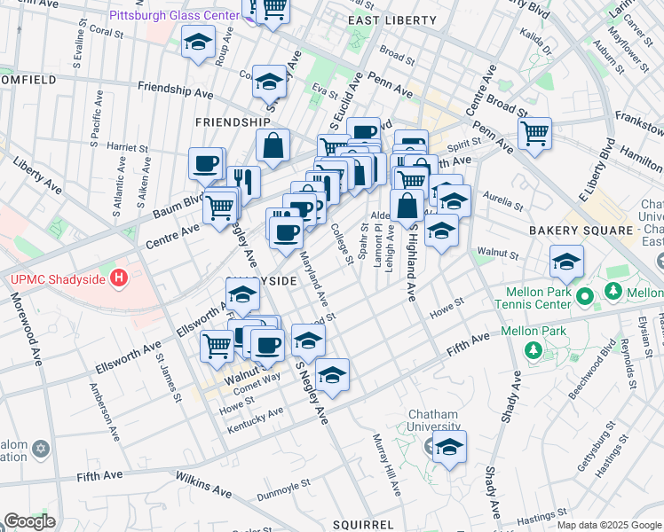 map of restaurants, bars, coffee shops, grocery stores, and more near 5824 Holden Street in Pittsburgh