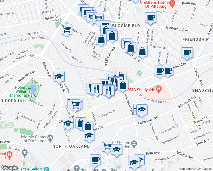 map of restaurants, bars, coffee shops, grocery stores, and more near 760 Broughton Street in Pittsburgh