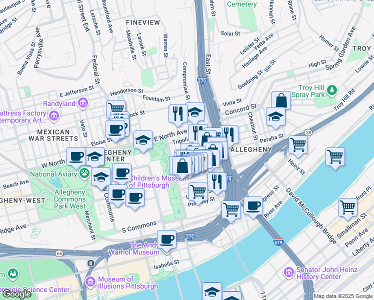 map of restaurants, bars, coffee shops, grocery stores, and more near 820 James Street in Pittsburgh