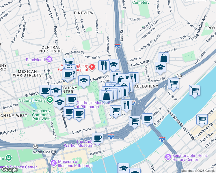 map of restaurants, bars, coffee shops, grocery stores, and more near 820 James Street in Pittsburgh