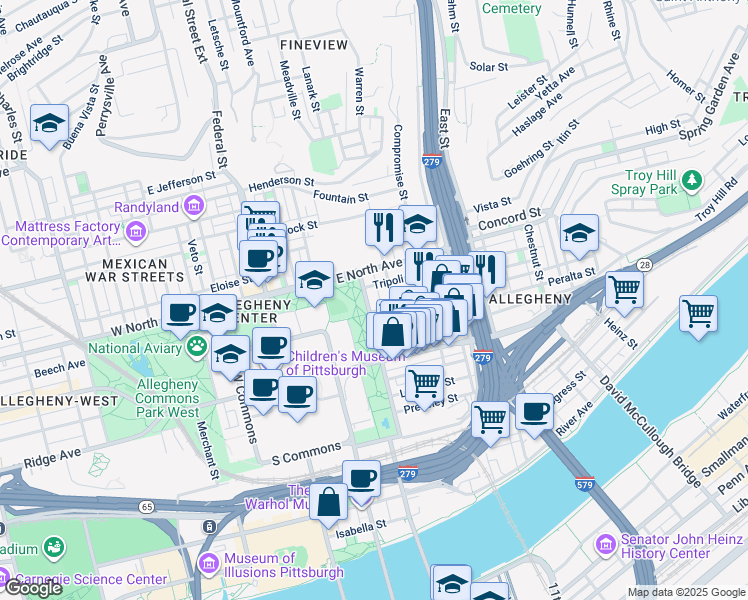 map of restaurants, bars, coffee shops, grocery stores, and more near in Pittsburgh