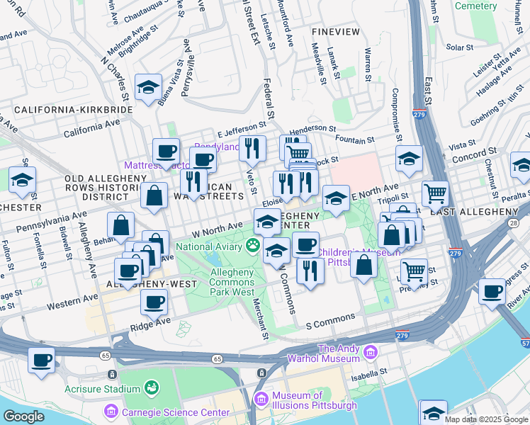 map of restaurants, bars, coffee shops, grocery stores, and more near in Pittsburgh