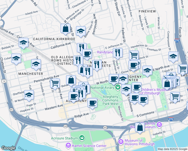 map of restaurants, bars, coffee shops, grocery stores, and more near 600 West North Avenue in Pittsburgh