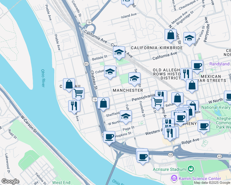 map of restaurants, bars, coffee shops, grocery stores, and more near 1335 Liverpool Street in Pittsburgh