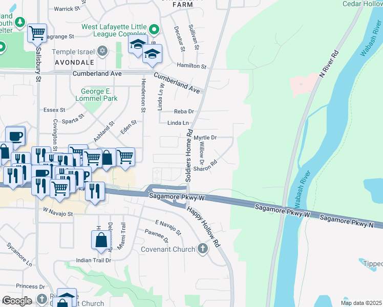map of restaurants, bars, coffee shops, grocery stores, and more near 2612 Soldiers Home Road in West Lafayette