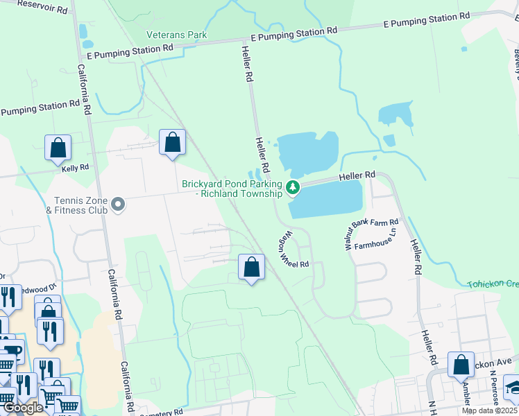 map of restaurants, bars, coffee shops, grocery stores, and more near 1090 Walnut Bank Farm Road in Quakertown