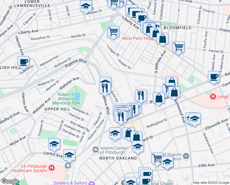 map of restaurants, bars, coffee shops, grocery stores, and more near 435 Melwood Avenue in Pittsburgh
