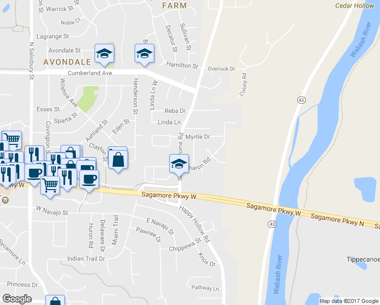 map of restaurants, bars, coffee shops, grocery stores, and more near 2625 Willow Drive in West Lafayette