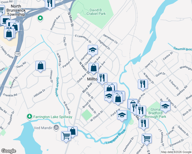 map of restaurants, bars, coffee shops, grocery stores, and more near in Milltown