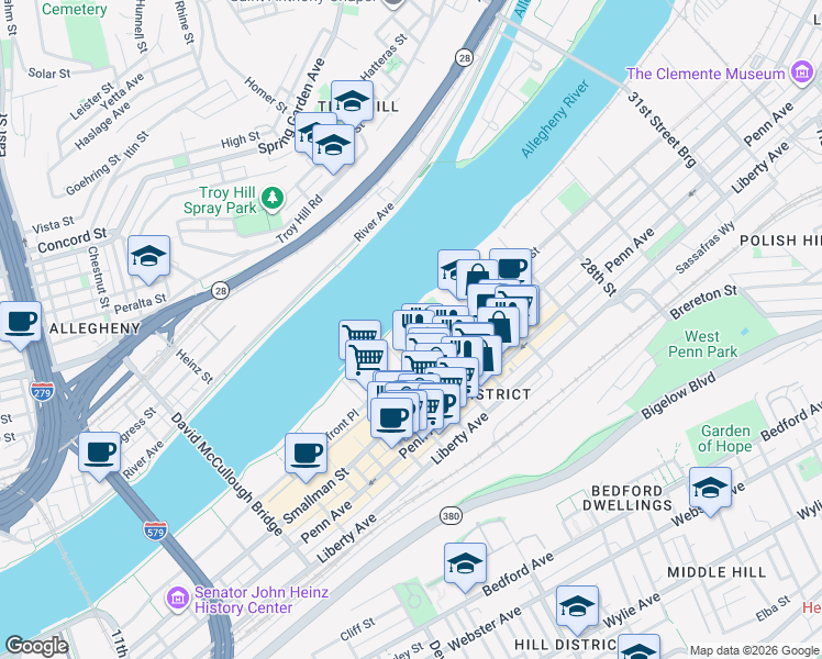 map of restaurants, bars, coffee shops, grocery stores, and more near 2349 Railroad Street in Pittsburgh