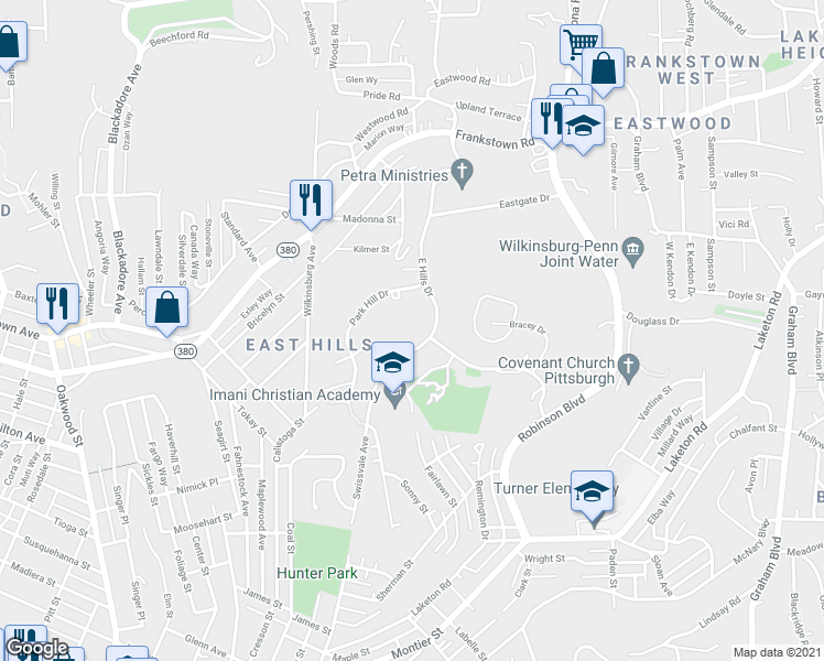 map of restaurants, bars, coffee shops, grocery stores, and more near 2237 East Hills Drive in Pittsburgh