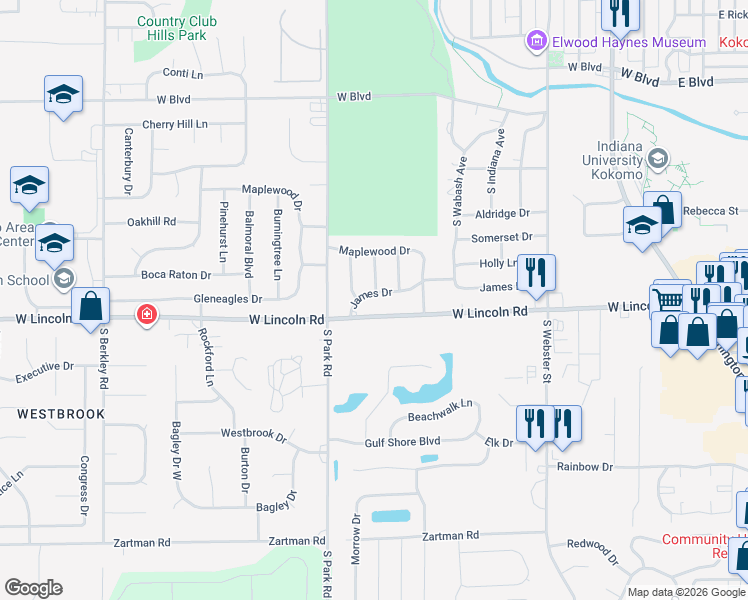 map of restaurants, bars, coffee shops, grocery stores, and more near 904 West Lincoln Road in Kokomo