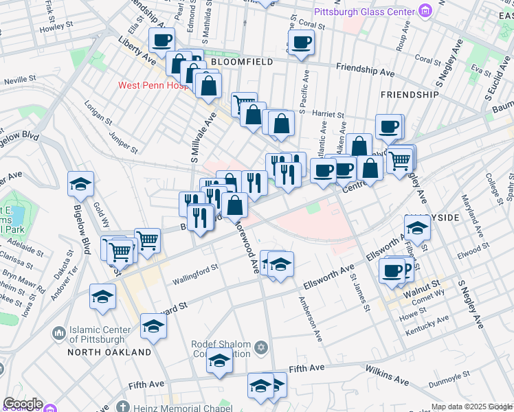 map of restaurants, bars, coffee shops, grocery stores, and more near 5104 Baum Boulevard in Pittsburgh