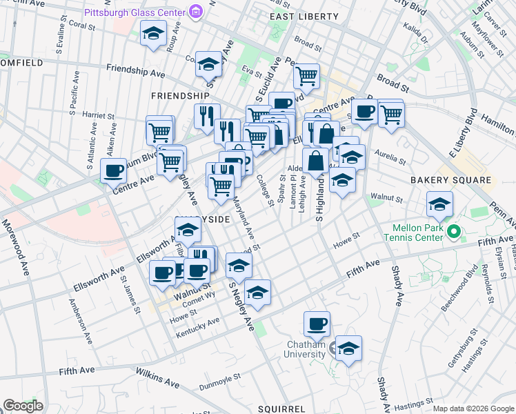 map of restaurants, bars, coffee shops, grocery stores, and more near 5824 Holden Street in Pittsburgh