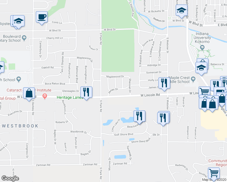map of restaurants, bars, coffee shops, grocery stores, and more near 917 James Drive in Kokomo