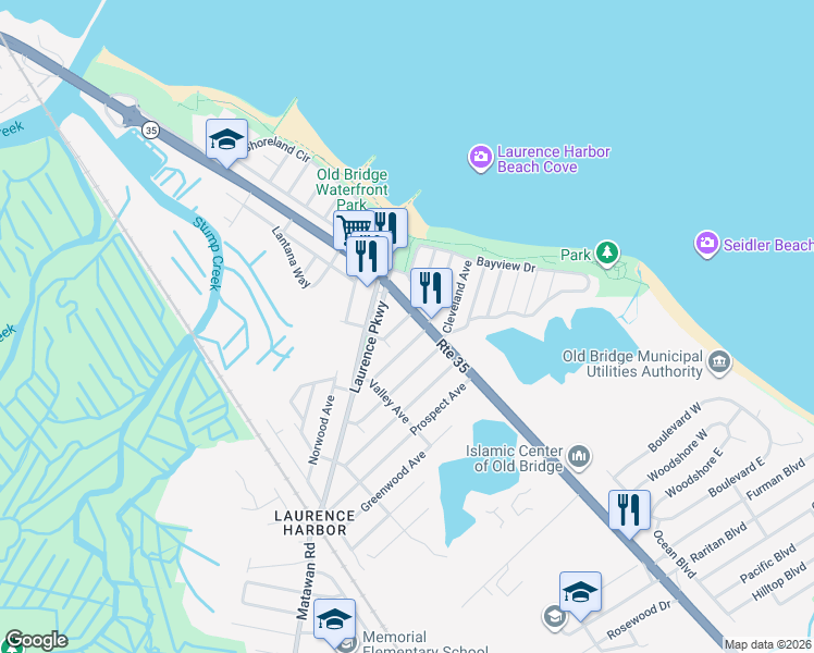 map of restaurants, bars, coffee shops, grocery stores, and more near 43 Sunset Avenue in Old Bridge