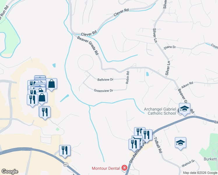 map of restaurants, bars, coffee shops, grocery stores, and more near 15 Greenview Drive in McKees Rocks