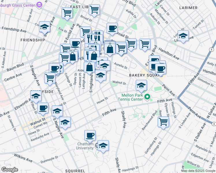 map of restaurants, bars, coffee shops, grocery stores, and more near 400 Shady Avenue in Pittsburgh
