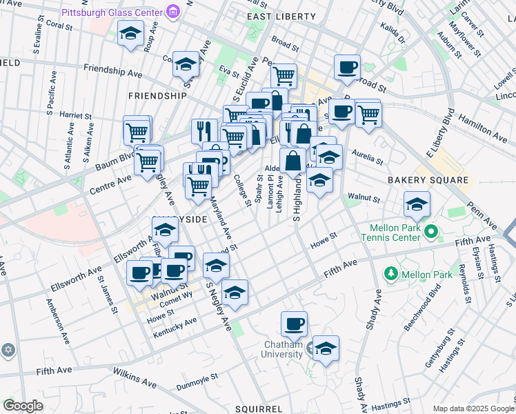 map of restaurants, bars, coffee shops, grocery stores, and more near 363 Spahr Street in Allegheny