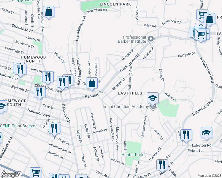 map of restaurants, bars, coffee shops, grocery stores, and more near 8331 Vidette Street in Pittsburgh