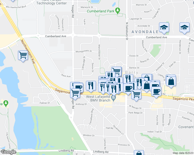 map of restaurants, bars, coffee shops, grocery stores, and more near 2611 Manchester Street in West Lafayette