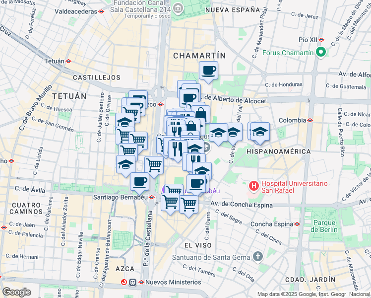 map of restaurants, bars, coffee shops, grocery stores, and more near 7 Calle Manuel de Falla in Madrid