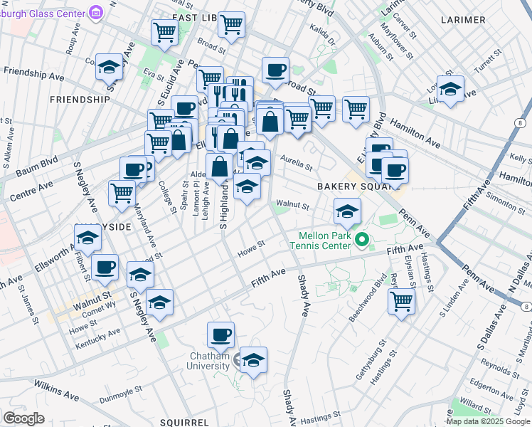 map of restaurants, bars, coffee shops, grocery stores, and more near 400 Shady Avenue in Pittsburgh