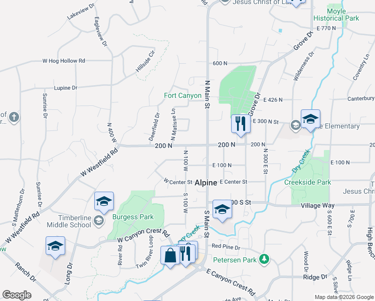 map of restaurants, bars, coffee shops, grocery stores, and more near 153 North 100 West in Alpine