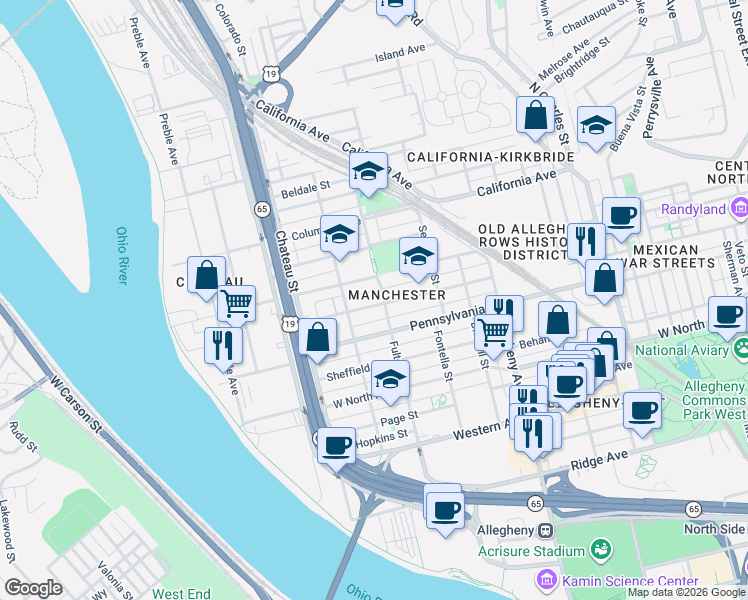 map of restaurants, bars, coffee shops, grocery stores, and more near 1301 Liverpool Street in Pittsburgh