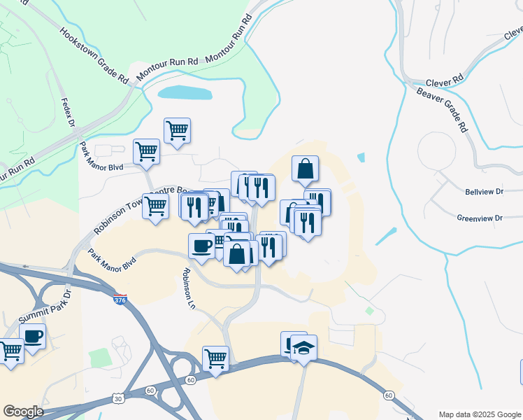 map of restaurants, bars, coffee shops, grocery stores, and more near 2755 Robinson Centre Drive in Pittsburgh