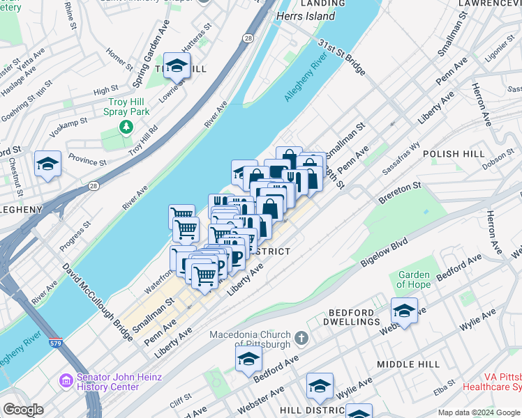 map of restaurants, bars, coffee shops, grocery stores, and more near 2555 Smallman Street in Pittsburgh