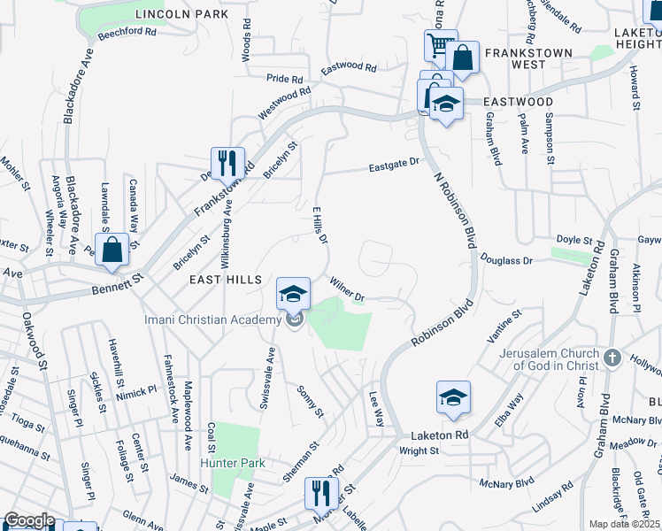 map of restaurants, bars, coffee shops, grocery stores, and more near 2320 East Hills Drive in Pittsburgh