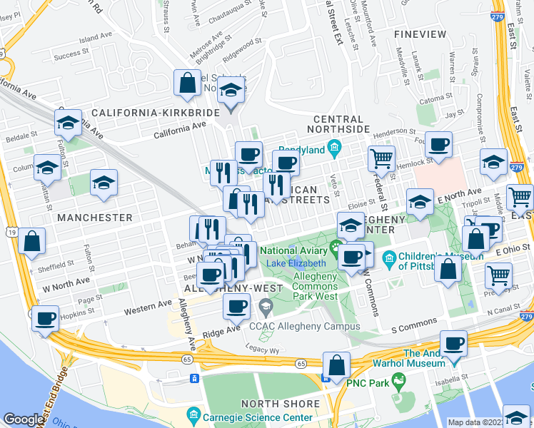map of restaurants, bars, coffee shops, grocery stores, and more near 1222 Buena Vista Street in Pittsburgh