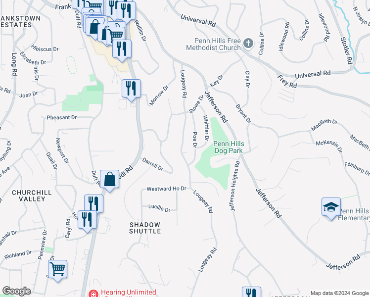 map of restaurants, bars, coffee shops, grocery stores, and more near 325 Lougeay Road in Pittsburgh