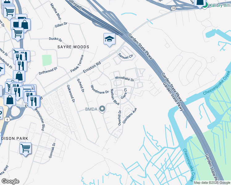 map of restaurants, bars, coffee shops, grocery stores, and more near 1 Boehm Drive in Sayreville