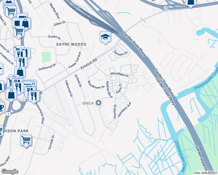 map of restaurants, bars, coffee shops, grocery stores, and more near 1 Boehm Drive in Sayreville