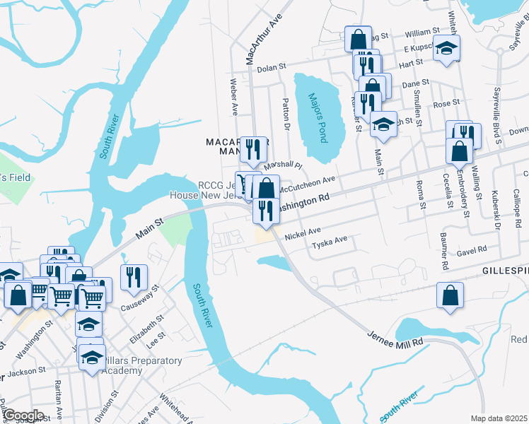 map of restaurants, bars, coffee shops, grocery stores, and more near 52 Washington Road West in Sayreville
