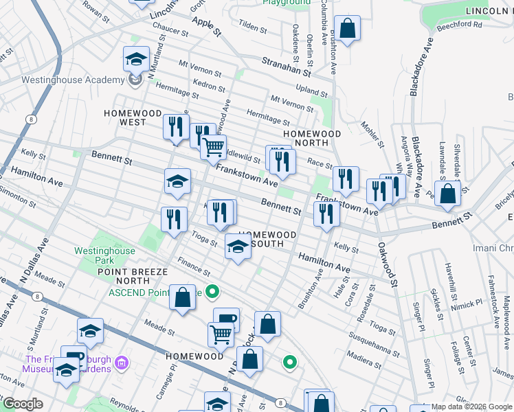 map of restaurants, bars, coffee shops, grocery stores, and more near 7350 Fleury Way in Pittsburgh