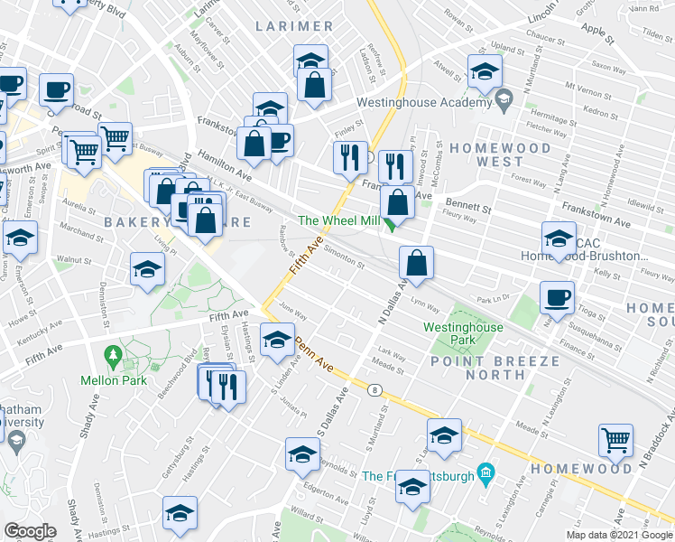 map of restaurants, bars, coffee shops, grocery stores, and more near 6730 McPherson Boulevard in Pittsburgh