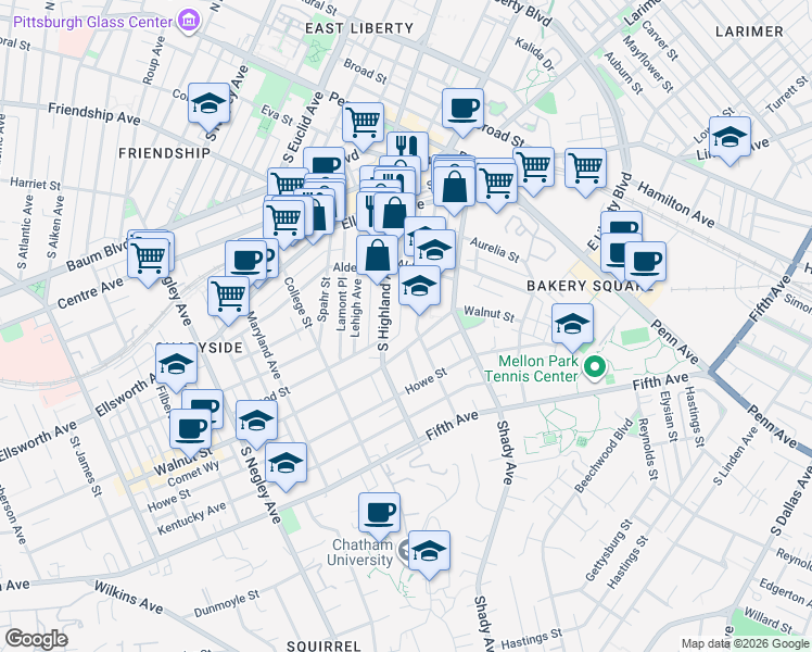 map of restaurants, bars, coffee shops, grocery stores, and more near 6105 Walnut Street in Pittsburgh