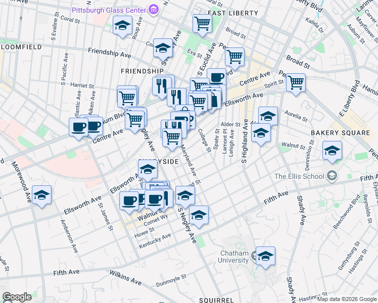 map of restaurants, bars, coffee shops, grocery stores, and more near 642 Maryland Avenue in Pittsburgh