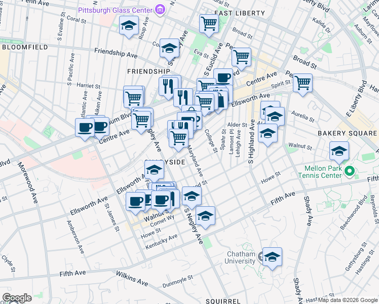 map of restaurants, bars, coffee shops, grocery stores, and more near 642 Maryland Avenue in Pittsburgh