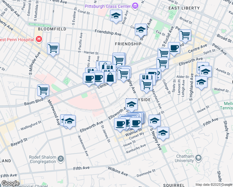map of restaurants, bars, coffee shops, grocery stores, and more near 2 Graham Place in Pittsburgh